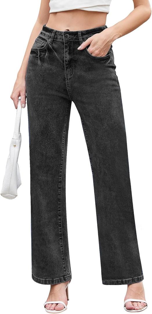 Dimur Jeans for Women Trendy High Waisted Straight Jeans Loose Wide Leg Stretchy Denim Pants with Pockets 2025 Fashion (Small, Black)