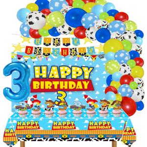Cartoon Story 3rd Birthday Party Supplies - Backdrop, Balloons, Tablecloth, Cupcake Toppers, Banner & Decorations for Boys' 3rd Bday
