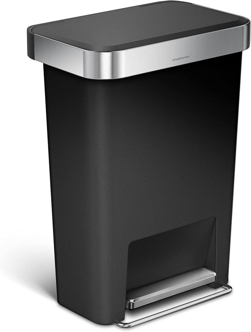 simplehuman 45 Liter / 12 Gallon Rectangular Kitchen Step Trash Can with Soft-Close Lid, Black Plastic