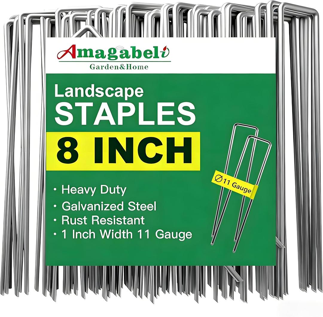 AMAGABELI GARDEN & HOME 300 Pack Galvanized Landscape Staples 8 Inch 11 Gauge Garden Staples Garden Stakes Plant Cover Stakes U-Shaped Landscape Stakes Landscape Pins for Weed Barrier Fabric