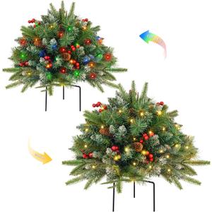 Christmas Tree Urn Filler, Battery Operated with Timer, Pre-lit Warm White & Multi-Color Changing LED Lights, Artificial Xmas Tree for Porch, Pathway, Yard, Outdoor Holiday Decoration (2, with Snow)
