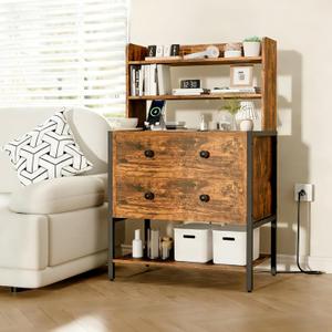 24 Inch Wide Night Stand, Large Wooden Night Stand with 2 Adjustable Drawes, Tall Nightstand with 4-Tier Shelves and Charging Station, Bedside Table for Living Room/Bedroom/Office, Retro., 24" x 15" x 38.6"