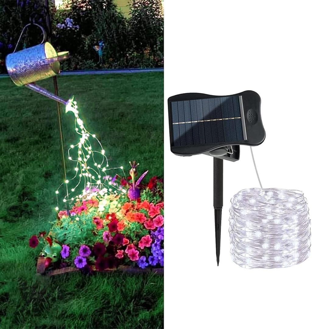 1 Pack 8 Modes Solar Waterfall Lights, Solar Fairy Lights Outdoor Waterproof, 10 Strand 200 LED Watering Can Led String Lights(No Watering Can) for Garden Party Outdoor Indoor Decoration (Cool White-1 Pack Solar Powered Clip)