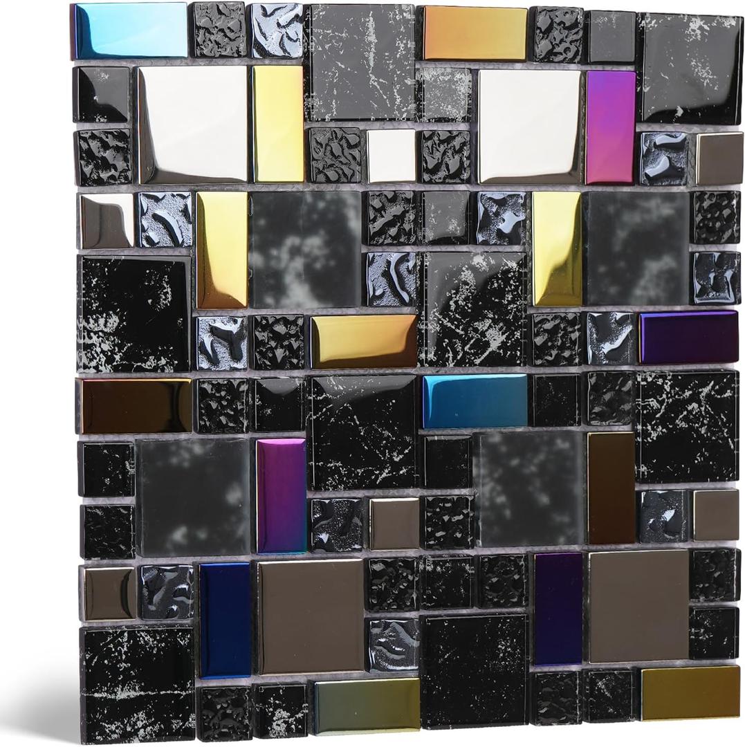 5-Sheet Glass Backsplash Tiles, 5 Square Feet Glass Mosaic Backsplash Subway Metal Tile for Kitchen Wall Bathroom (Black) 11.7" x 11.7"
