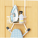 XILIMEN Ironing Board Holder Wall Mount, Over The Door Ironing Board Hanger with Storage Basket, Iron Holder for Hotel Rooms, Home Laundry Rooms, Utility Rooms, Closets, White