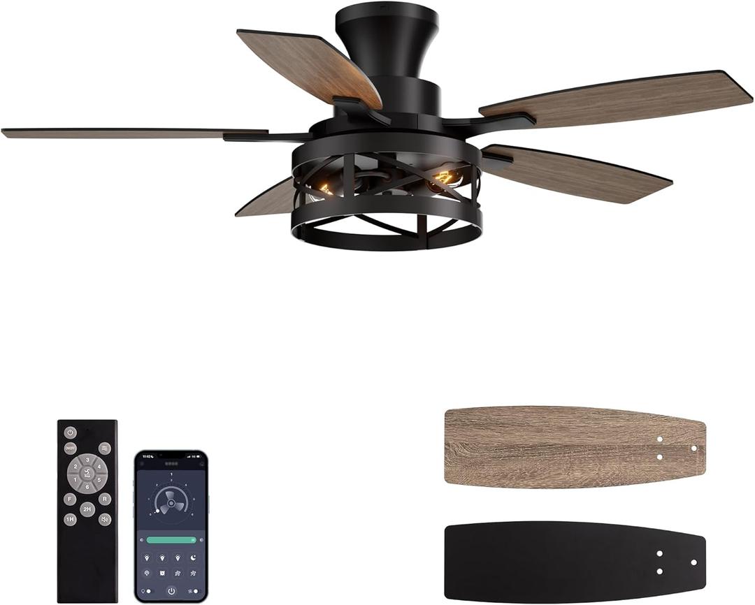42 Inch Flush Mount Ceiling Fans with Lights and Remote Control, Low Profile Farmhouse Ceiling Fan for Bedroom Living Room and Patio, Black Caged Ceiling Fan for Indoor and Outdoor