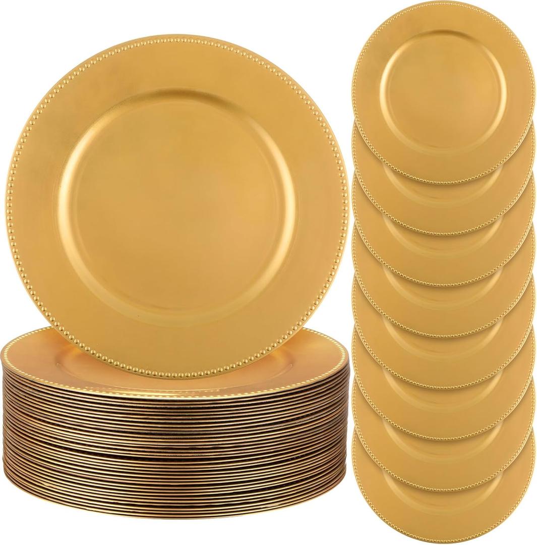 Jinei 36 Pack Beaded Charger Plates 13 Inch Round Charger Plates Vintage Table Decoration Reusable Dinner Tray for Table St Patricks Day Easter Wedding Holiday Party Decoration(Gold)