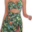 ZAFUL Women One Piece Swimdress Tummy Control Bathing Suit Push Up Swimsuit Modest Swimwear Cutout V Neck Cute Tie Knot Skirt (Small, Green Floral)
