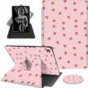 ACWDMKH Case for Kindle Fire 7 Tablet Case 7 Inch (9th/ 7th/ 5th Generation, 2019/ 2017/ 2015 Release), 360 Degree Rotating Swivel PU Leather Stand Folio Cover with Auto Wake/ Sleep, Pink Strawberry