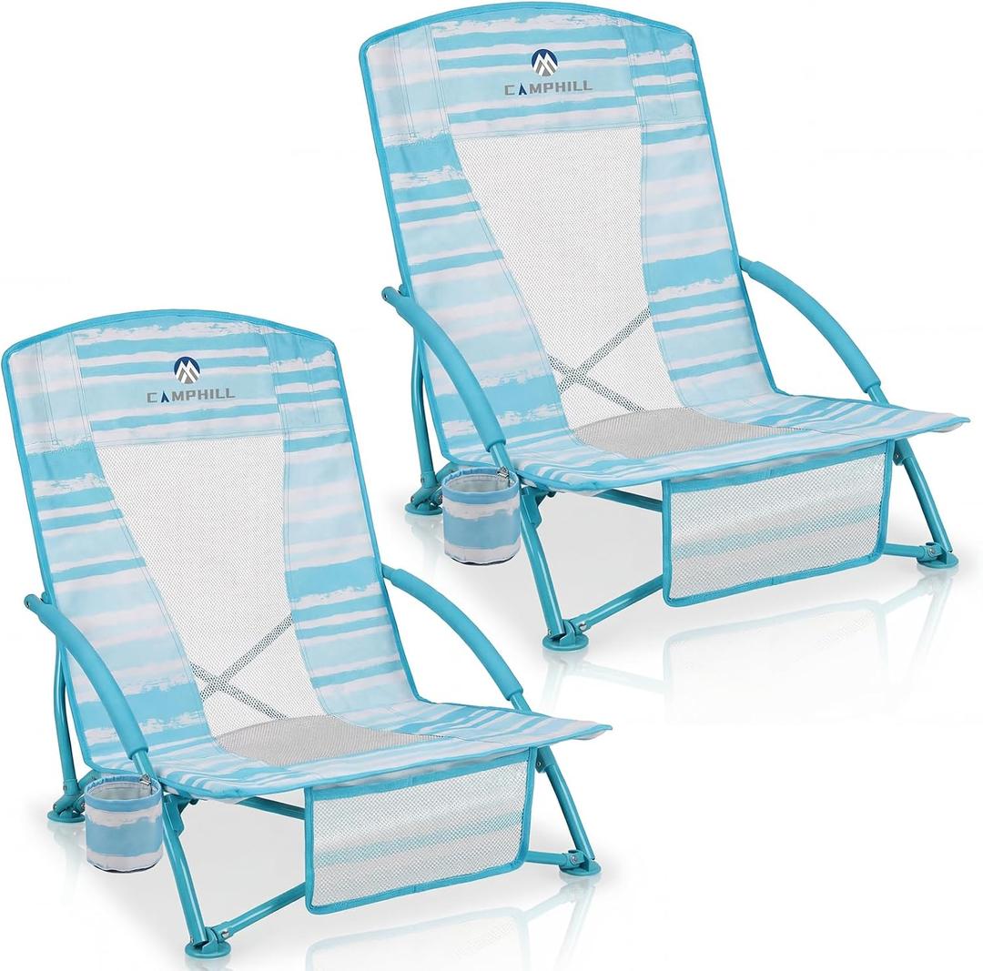 2 x Low Beach Chairs 2 Pack,Folding Compact Low Seat Chairs for Adults w/Mesh Back,Cup Holder & Storage Bag,Heavy Duty Chair for Outdoor Sand,Travel,Camping,Picnic,Blue Strip