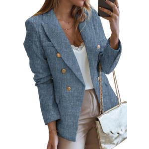 Happy Sailed Womens Tweed Blazers Casual Long Sleeve Double Breasted Open Front Blazer Jackets Work Suits (X-Large, Dark Blue)