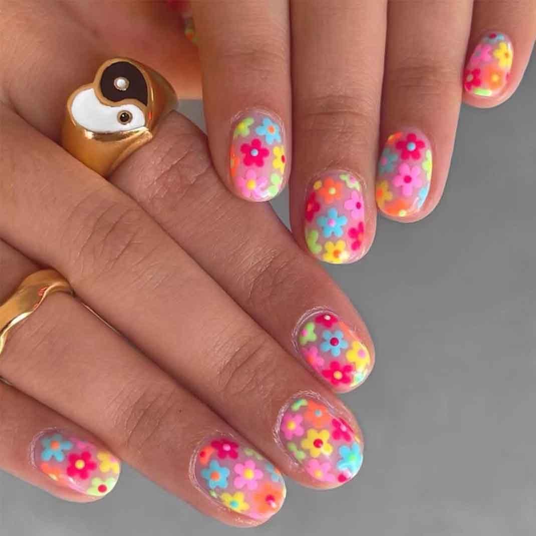 5 x Square Press on Nails Short Acrylic Nails with Flowers Design Colorful Nails for Women 24 PCS/Set