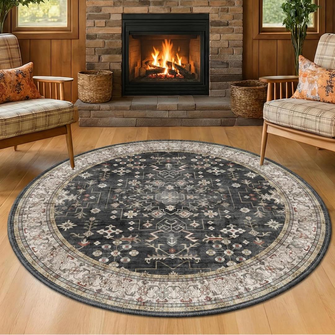 Black Boho Living Room Round Rug 6ft - Washable Dark Vintage Moody Low Pile Non Slip Circle Carpet for Bedroom, Dining Room, Home Office, Study Room, Modern Farmhouse Circular Area Rug Indoor Dcor (Ashen / Multi)