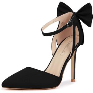 Carcuume Womens Bow Tie Back Heels Close Toe Pumps Stiletto High Heels Wedding Shoes Ankle Strap Heel Sandals (8, Black)