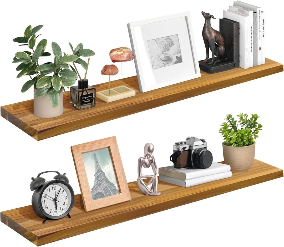 Teak Wood Floating Shelves Perfect for Bathroom Dcor Pack of 2 Wooden Wall Shelves for Bedroom Living Room Kitchen Simple Minimalist Home Dcor 36 x 6.7