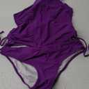 Women's Bathing Suit Solid Color Drawstring Side Halter Neck Tankini Set, Solid Purple  M