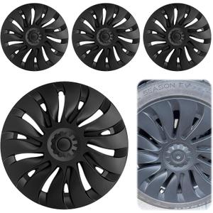 Tesla Model Y Wheel Covers 2020–2024, Full Fit Hubcaps with Left-Right Aero Symmetry, Matte Black ABS+PC, Reduced Wind Drag, Snap-On Install, Includes Tire Repair Kit (19 Inch 14-Spoke)