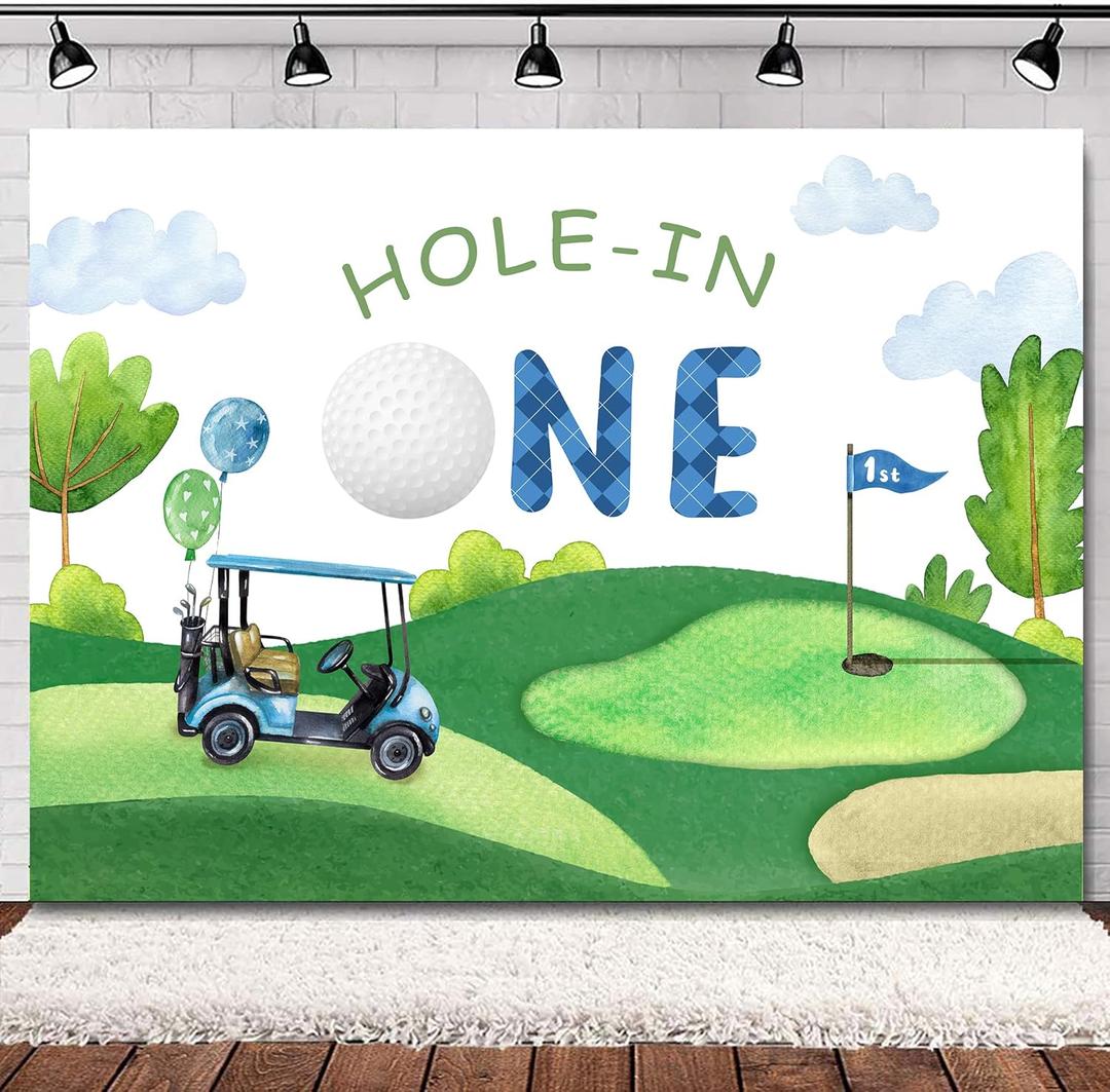 SVBright Hole in One Birthday Backdrop 7Wx5H Watercolor 1st Blue Sky White Clouds Grass for Bday Kids Boys Party Cartoon Golf Sports Themed Decorations Photography Background Banner Photo Booth Studio