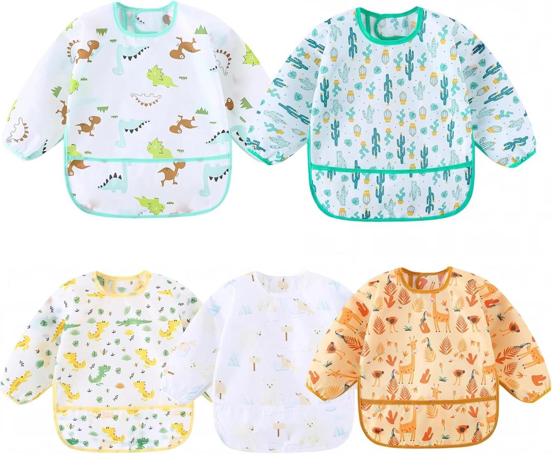5-Pack Baby Long Sleeve Waterproof Bib Full Coverage Apron Bib Smock Toddler Bibs with Pocket 3-30 Months