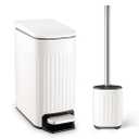 Bathroom Trash Can with Toilet Brush  1.6 Gallon Slim Stainless Steel Garbage Can, Small Wastebasket for Bathroom, Office, Bedroom, Silicone Toilet Brush Included, White