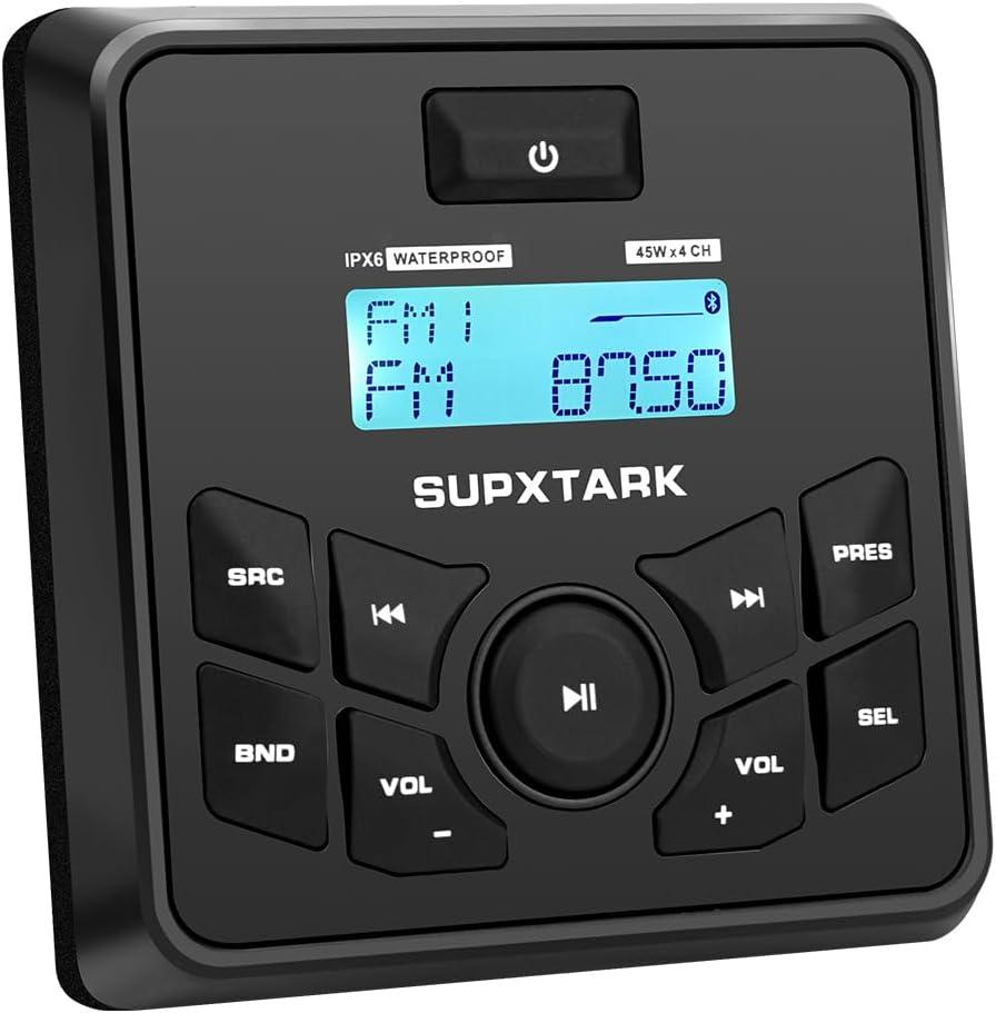 Marine Stereo Radio 4x45W Gauge Mounting WB/AM/FM Tuner Bluetooth Receiver for Boat, UTV, Golf Cart
