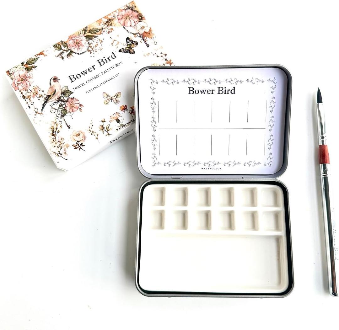 Travel Watercolor Palette,Portable Ceramic Palette 12 Well,Empty Paint Palette,Small Travel Metal Paint Boxwith Porcelain Palette (12Well Set)