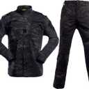 LANBAOSI Men's Tactical Jacket and Pants Military Hunting ACU Uniform 2PC Apparel Suit (Large, Black Cp)