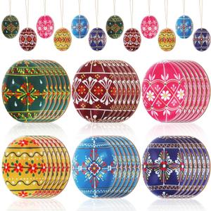 36 Pcs Easter Egg Ornaments Tree Decorations, Easter Ukrainian Eggs Wooden Ornaments Set with Hemp Rope Folk Art Round Wood Discs for Crafts Hanging Decorations Holiday Gift Event