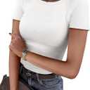 ANRABESS Women Short Sleeve Crewneck Ribbed Knit Slim Fitted Shirts Summer Tops Basic Tee Casual 2026 Spring Outfits Clothes (Large, White)