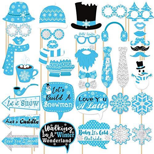 Snowflake Photo Booth Props 38 Pcs Frozen Party Decorations Winter Wonderland Party Favor for Holiday Party Christmas Party Supplies