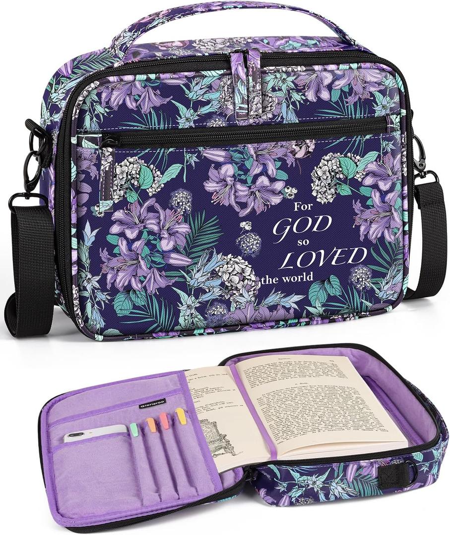 Bible Cover for Women, Large Vegan Leather Bible Case with Shoulder Strap, Mothers Day Christian Gifts for Mom & Wife, Planner Case (Purple)