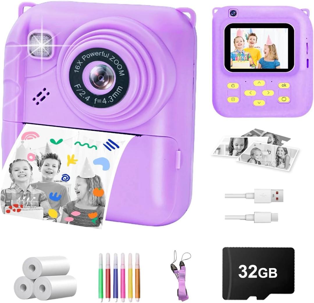 Instant Print Camera for Kids, 1080P Video Camera with 3 Print Rolls, 32GB Card & Cute Cover, Gift for Girls Boys Age 3-12, Toddler Digital Camera with Games, Filters, Music Blue