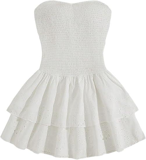 SOLY HUX Women's Ruffle Tube Mini Dress Shirred Strapless Sleeveless Eyelet Embroidery Layered A Line Summer Dresses, Small