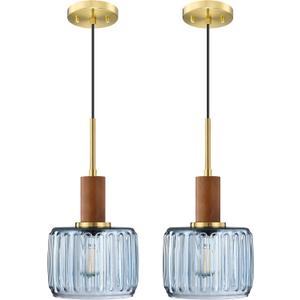 2 Pack 1 Light Industrial Modern Farmhouse Hanging Kitchen Island Pendant Ceiling Light Fixtures,Natural Wood Clear Textured Blue Glass Gold Finish Over Sink Restaurant bar Corridor