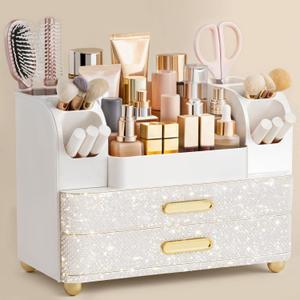 HBlife Makeup Organizer for Vanity with Brush Holder, Large Bathroom Countertop Cosmetic Organizer Skin Care Storage, Easy to Store Nail Polishes, Perfumes, Eyeshadow Palettes, Pearl All White