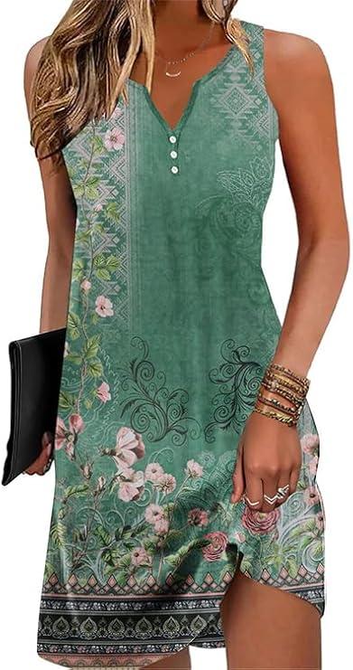 V-Neck Floral Printed Summer A-Line Elegant Dresses Womens Vintage Sleeveless Beach Sundress Ladies Casual Loose Boho Dress , Small 