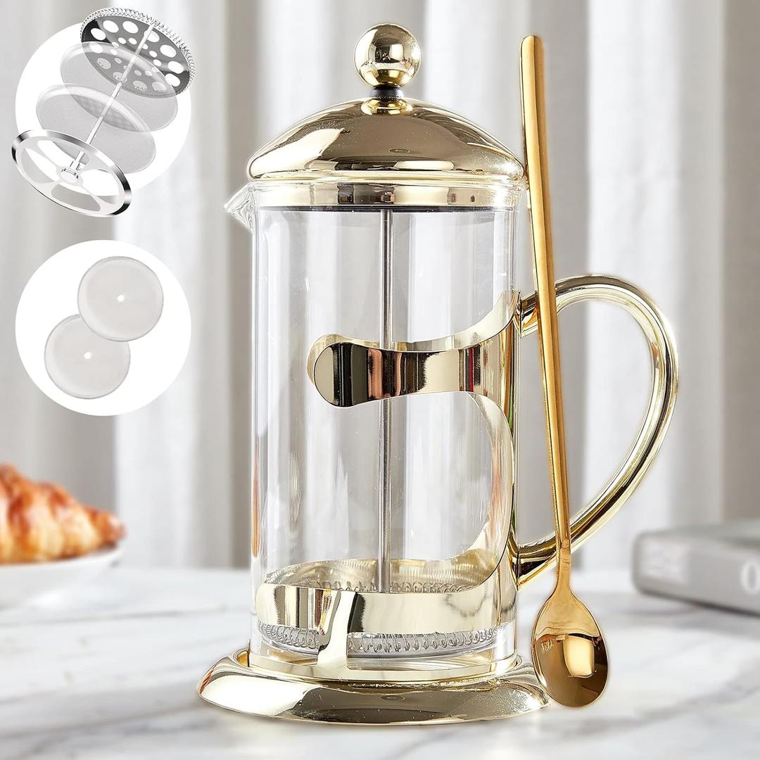 DUJUST Gold French Press Coffee Maker, Luxury Design French Coffee Press with 4-Level Filter System, High-Grade Glass for Hot & Cold Resistance, Include Long Size 304 Stainless Steel Spoon - 34oz