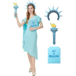 4 PCS Lady Liberty Costume Womens Statue of Liberty Outfit with Accessories for Halloween Cosplay Party (Blue, L)