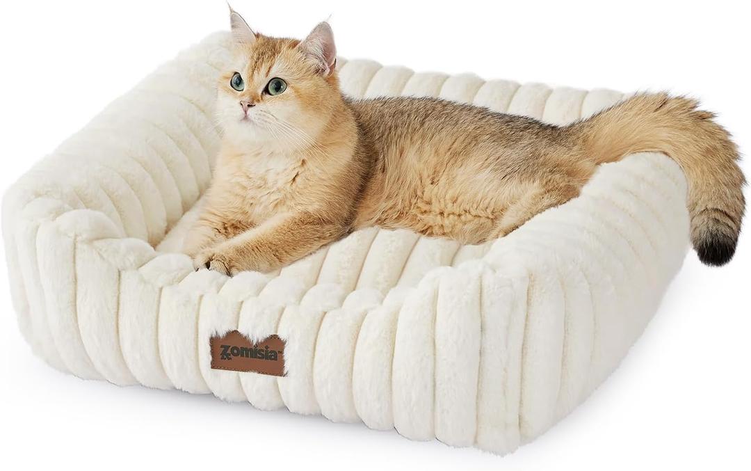 Small Dog Beds for Small Dogs - Washable Cat Beds for Indoor Cats, Rectangle Orthopedic Puppy Bed with Fluffy Removable Cover, 20x19x7inches, Cream