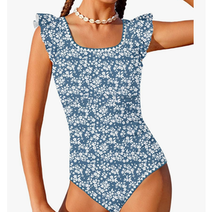 Girls Swimsuit Ruffled Square Neck Color Contrast Trim One Piece Bathing Suit Geometric Girls'Swimwear 15-16Y