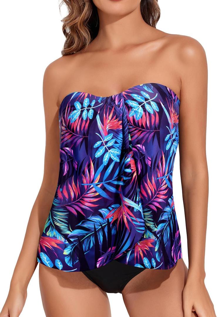 Tempt Me Two Piece Tankini Bathing Suits for Women Halter Bandeau Swim Top with Bottom Flyaway Tummy Control Swimsuit (Purple Leaf), M