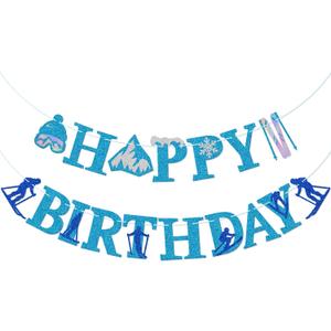 Skiing Birthday Banner, Ski Themed Birthday Party Decor, Skiing & Snowboard Banner, Winter Sports Party Supplies, Blue Glitter