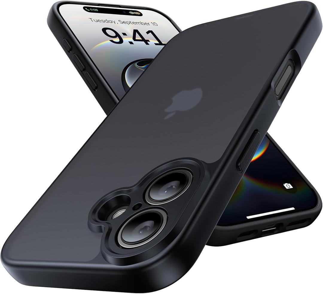 Shockproof for iPhone 16 Case, [Full Camera Protection] [Military-Grade Drop Protection] Protective Anti-Yellow Slim Translucent Matte Skin-Friendly for iPhone 16 Phone Case, Black