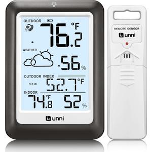 Indoor Outdoor Thermometer Wireless Weather Station, Temperature Humidity Monitor Battery Powered Inside Outside Thermometers with 330ft Range Remote Sensor and Backlight DisplayMetal, Black