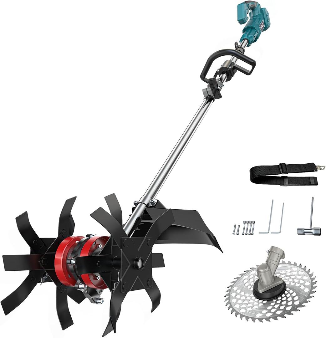 Cordless 2-in-1 Tiller Cultivator & Weed Wacker Compatible with Makita 18V Battery (Tool Only), Ecarke Brushless Electric Garden Tiller Weed Eater, 9" Tilling Width 9.4" Depth for Soil Cultivation