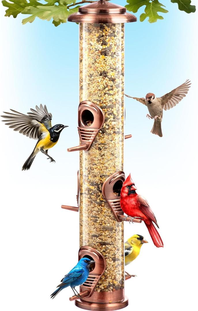 Bird Feeders for Outdoors (Brushed Metal Copper) Squirrel Proof Hanging Bird Feeders with Locking Lid & Adjustable Hanger, Chew-Proof, Weather Resistant 16 Inches 6 Port