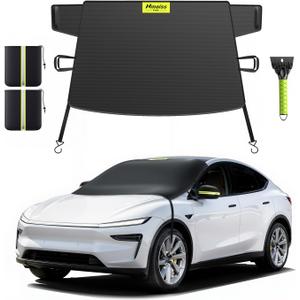 Windshield Snow Cover for Ice & Snow Frost Tesla Model Y/Model 3 — Tailored 3-in-1 Frost & Ice Shield with Mirror Covers & Ice Scraper, Waterproof 600D Oxford + Windproof Design Size is 42x65 inches