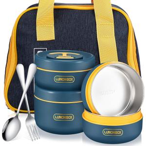 Dandat 3 Pcs Portable Insulated Lunch Container Set for Adult Kids, Stackable Stainless Steel Bento Box for Hot Food with Insulated Lunch Bag Unisex 3 Separate Thermal Food Container