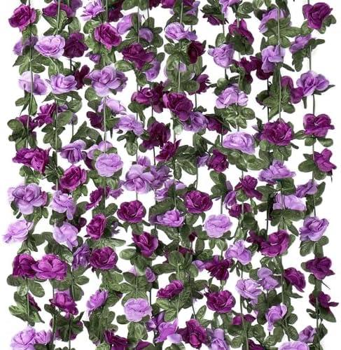 KHOYIME 8 Pack 72 FT Artificial Flower Garland, Fake Purple Roses Vines Silk Flowers Faux Plastic Outdoor Hanging Floral Ivy Garland Decoration for Wedding Arch Bedroom Home Wall Backdrop Room Decor