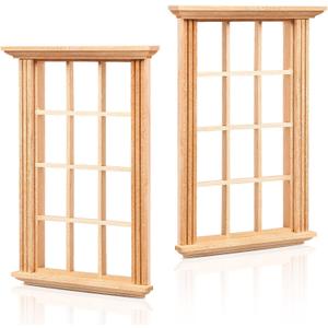 DOITOOL Dollhouse Window Frame 1/12 Scale, 2Pcs Miniature Wood Window 12 Grid, Unpainted Wooden Furniture Accessories for Mini House Crafts Diorama Decor (3.26 x 4.52 Inches)